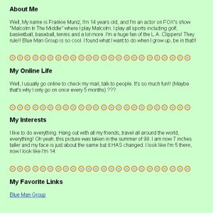 Frankie Muniz' own AOL homepage from the year 2000