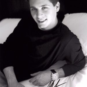 Justin Berfield posing, black and white
