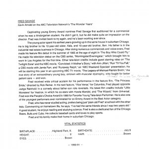 'The Wonder Years' original 1990 fact sheet: Fred Savage biography.