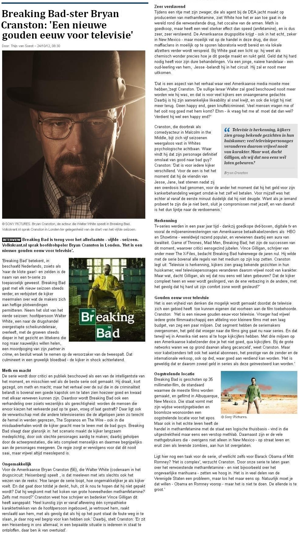 Bryan Cranston interview, Dutch Volkskrant newspaper, October 24, 2012