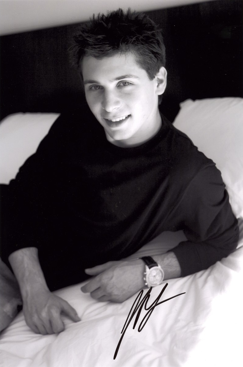Justin Berfield posing, black and white