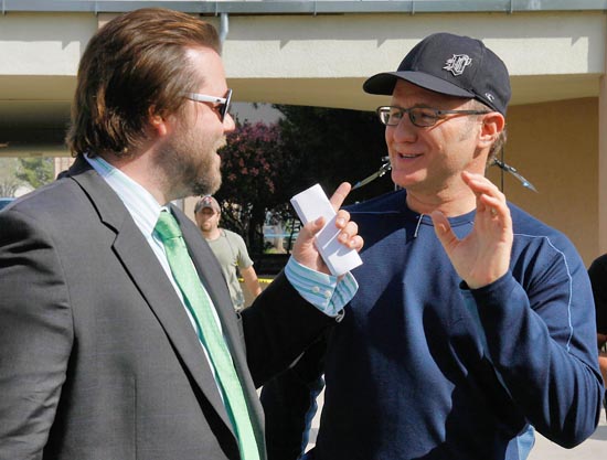 Todd Holland with Tyler Labine on the set of Sons of Tucson