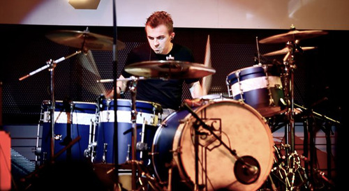 Frankie Muniz recently, playing his custom SJC Drums